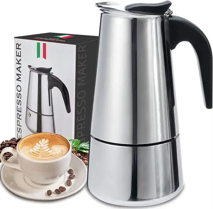 Moka Pot Caffè Machine en acier inoxydable pour préparer jusqu'à 9 tasses de café expresso avec couche de crème, pour les matinées familiales, brunchs entre amis ou cadeaux spéciaux