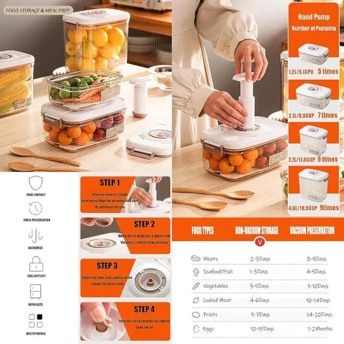Boîte de stockage sous vide alimentaire, récipient hermétique-boîte de rangement de cuisine réutilisable avec filet de vidange et pompe à vide pour garder les aliments frais