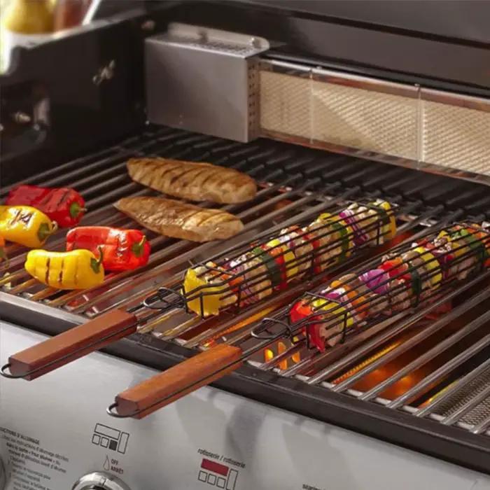 Manche en bois barbecue cage grill net portable antiadhésif barbecue accessoires camping charbon de bois barbecue grill extérieur