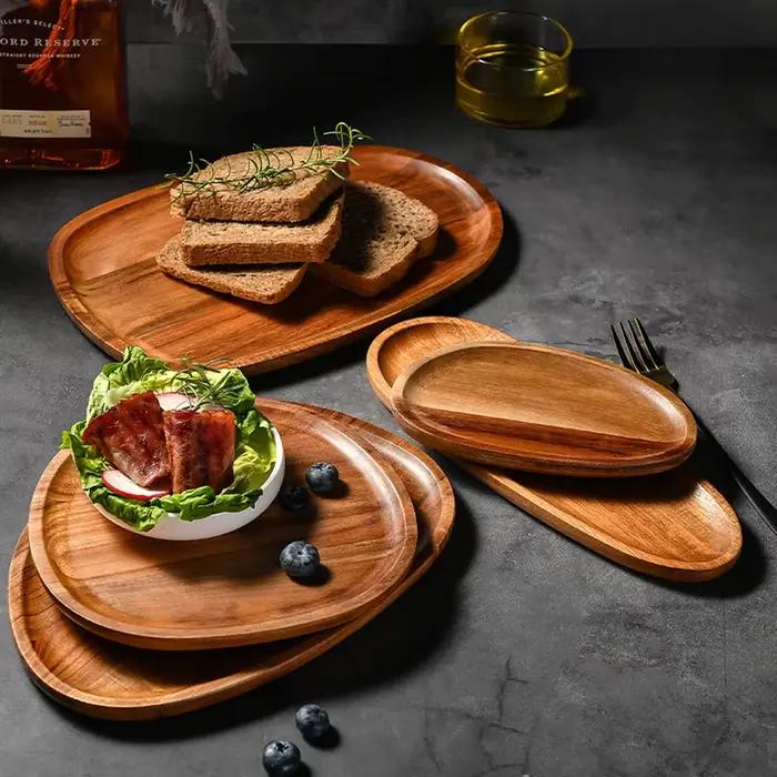 Assiette de service naren bois d'acacia, assiette Deseert, Tenica, Thé naturel, Serveur d'aliments, Plats à cliquetis, Assiette de service alimentaire, 1PC