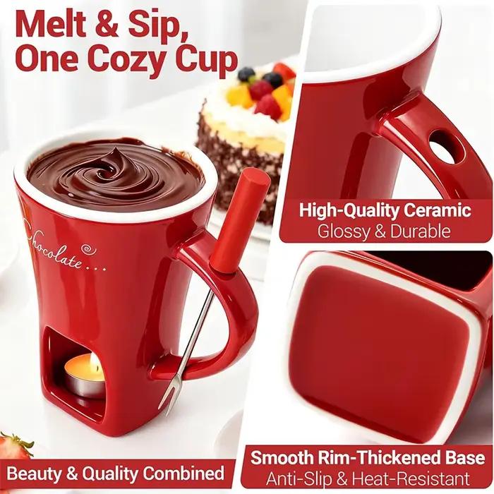 Mug à fondue au chocolat et fromage avec fourchette intégrée pour soirées romantiques et occasions spéciales en céramique haute qualité