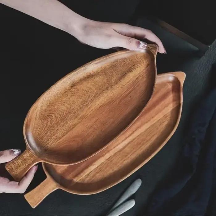 Plateau de service en bois en forme de feuille, étanche, pour steak, sushi, viande grillée, pizza, thé de l'après-midi, usage commercial comme vaisselle