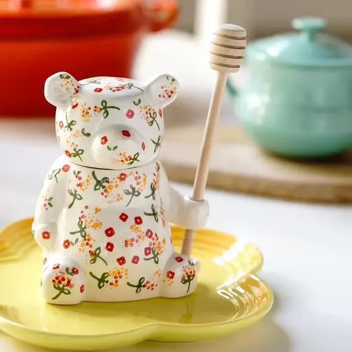 Pots à miel ours mignon en céramique pots de rangement pour nourriture décoration de la maison boîte de rangement thé cuillère à miel pour cuisine