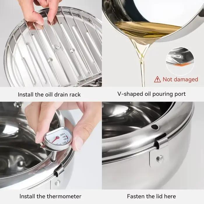 Marmite pour friteuse, marmite tempura de style japonais de 11 pouces/4,2 L avec couvercle, acier inoxydable 304 avec contrôle de température et huile