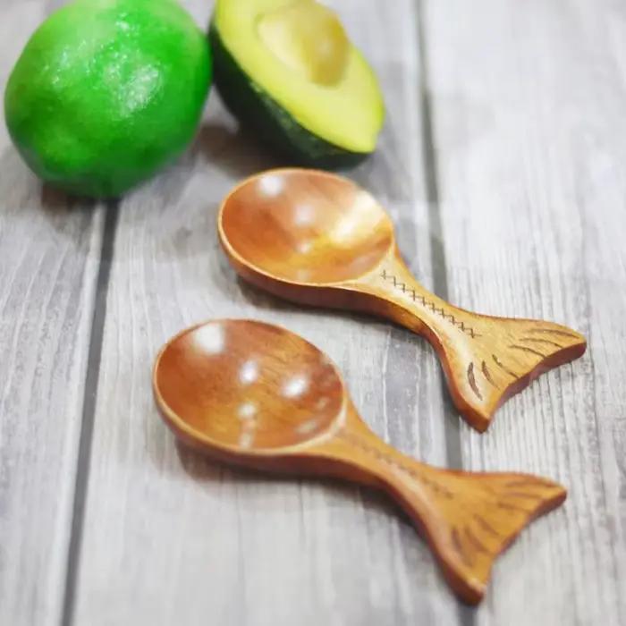 Cuillère à Sauce rétro en forme de poisson, 100 pièces, Style japonais, manche court, cuillère en bois résistante à la chaleur, petite cuillère en forme de poisson, outil de cuisine