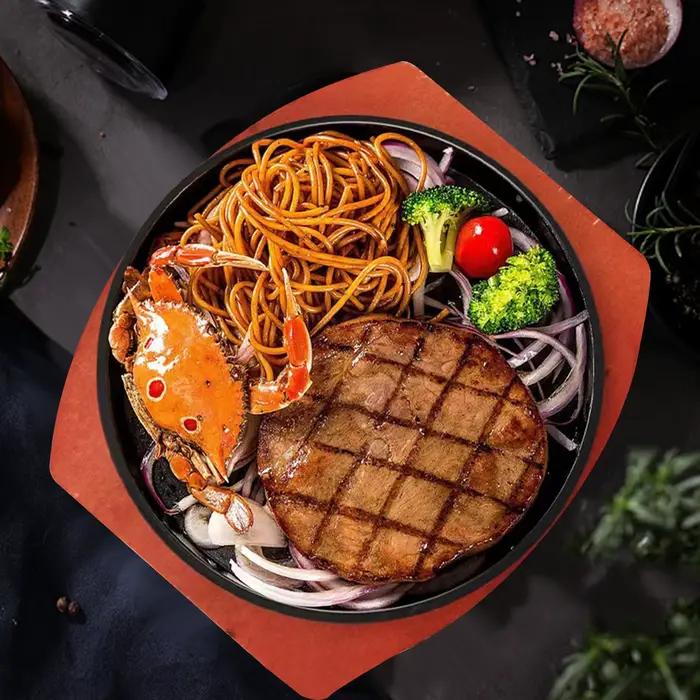 Poêle à griller ronde avec base en bois, assiette en fonte, taille personnelle, restaurant, service, cuisine, ménage