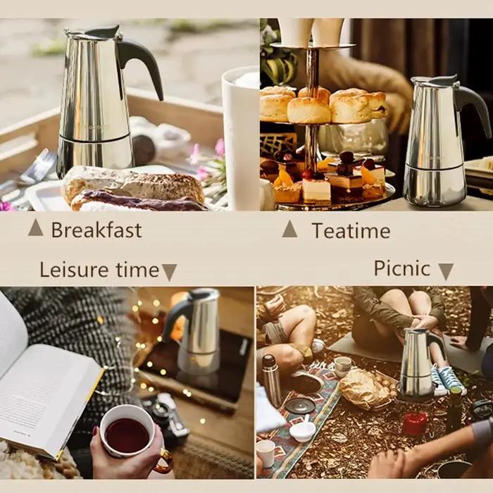 Moka Pot Caffè Machine en acier inoxydable pour préparer jusqu'à 9 tasses de café expresso avec couche de crème, pour les matinées familiales, brunchs entre amis ou cadeaux spéciaux