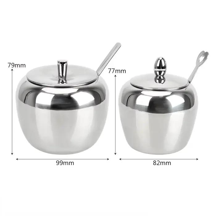 Sucrier à pommes, Pot d'assaisonnement, accessoires de cuisine avec couvercle et cuillère, Pot à condiments, récipient à épices, vaisselle en acier inoxydable
