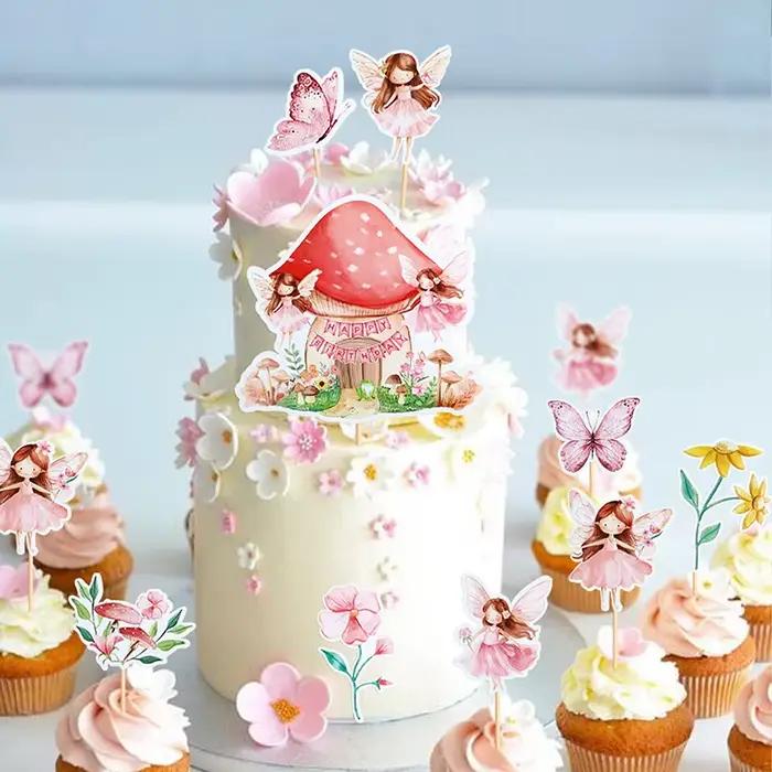 1 ensemble de décorations de cupcakes féériques, pics à dessert floraux, décorations de jardin féerique, pour anniversaire, baby shower, fête