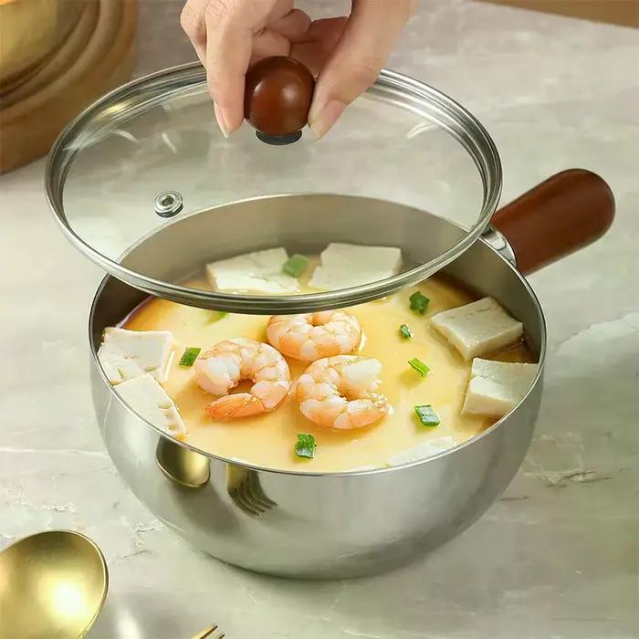 Casserole à lait en acier inoxydable avec poignée en bois, casserole compacte pour faire frire des œufs et réchauffer le lait, idéale pour le petit-déjeuner et le brunch