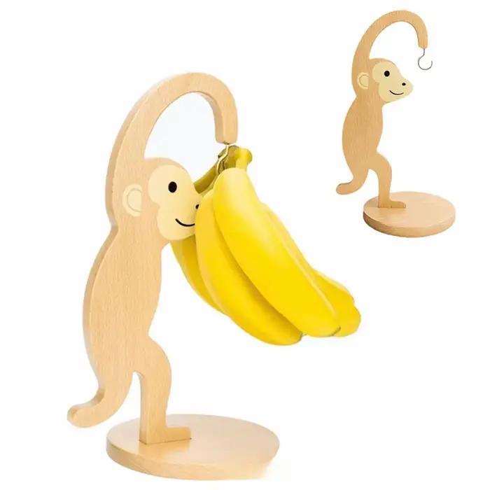Support à bananes en bois avec crochet en acier inoxydable, forme singe, pour maintenir les bananes fraîches et un accrochage fluide