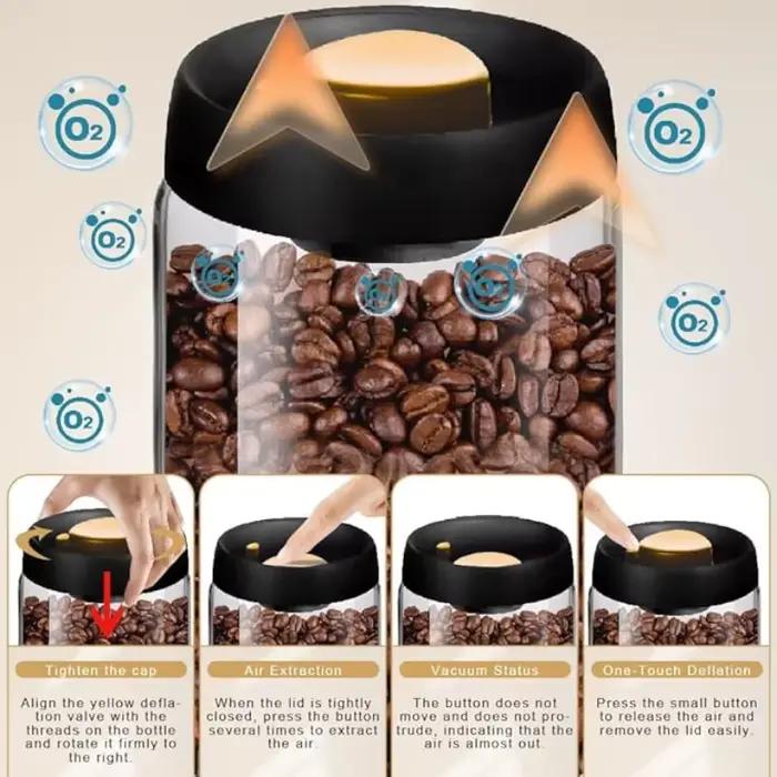 Boîtes à café sous vide avec couvercles hermétiques pour café, pots Mason en verre borosilicate, Kit de scellage sous vide pour thé, grains, sucre