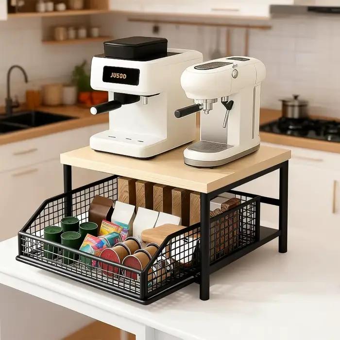 Étagère de rangement double couche pour comptoir de cuisine avec tiroirs pour vaisselle, épices, café, condiments, gain de place
