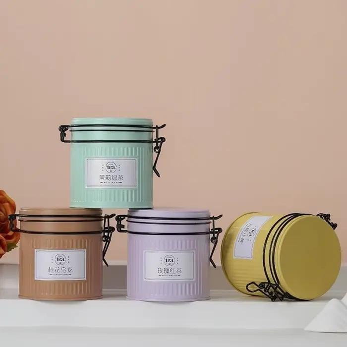 Boîte à thé pratique en fer blanc avec couvercle hermétique, pot de rangement pour thé, boîte à café, pot à bonbons rond, pour le voyage