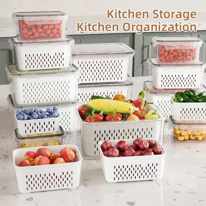 Conteneurs de stockage des aliments 17 pièces pour l'organisation de la cuisine comprenant 7 couvercles, 7 boîtes, 3 paniers de vidange, idéaux pour les Fruits et légumes