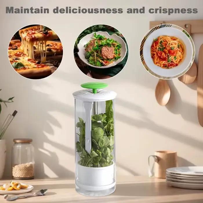 Conteneur de stockage d'herbes vert persil hermétique organiser réfrigérateur conservation légumes cuisine prolonger fraîcheur抗菌塑料保鲜容器家用绿色冰箱蔬菜储物柜优化SEO标题，描述了产品的特点和用途，吸引用户购买。