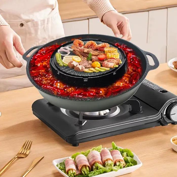 Poêle à Cassette coréenne antiadhésive en alliage d'aluminium, poêle ronde Shabu grillée, marmite avec conception de fuite d'huile pour Camping barbecue