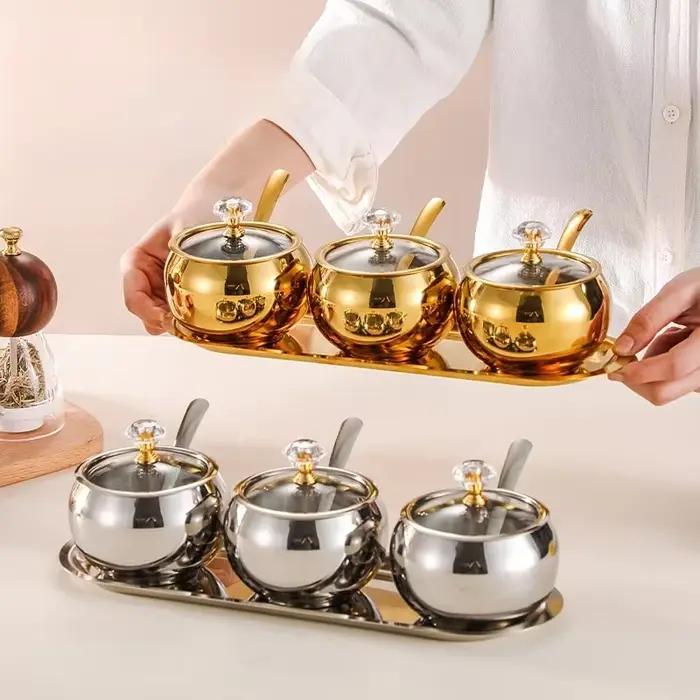 Pots à condiments de cuisine domestique en or et argent, pour servir sucre, poivre, sel, épices, bol à sucre en acier inoxydable avec couvercle et cuillère