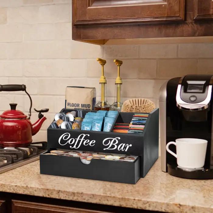 Boîte de rangement en bois pour sachets de café, organisateur d'accessoires de bar à café à double couche avec tiroirs, décoration rustique pour comptoir de bar à café