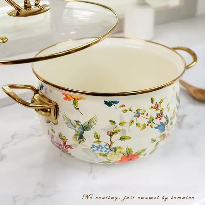 Pot à soupe en émail, ustensiles de cuisine délicats, fleur rétro, Double poignée, marmite à ragoût de grande capacité avec couvercle, ustensiles de cuisine en émail pour la maison