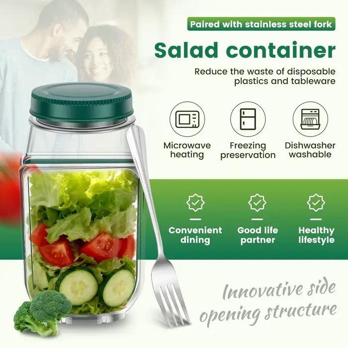 Bocaux à salade en plastique avec couvercle à ouverture latérale et fourchette en acier inoxydable – Contenant vertical pour légumes et fruits