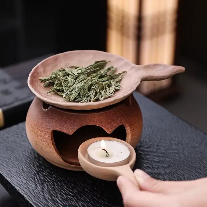 1 pièce Chauffe-thé en céramique et brûleur d'aromathérapie en argile à ouverture de forme originale pour feuilles de thé et herbes (sans bougies)