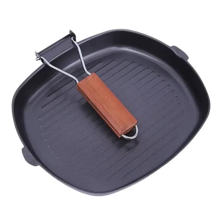 Poêle à frire à steak portable non collante, poêle à griller carrée avec manche en bois pliant, poêle à frire pour barbecue, accessoire de cuisine en fer à crêpes