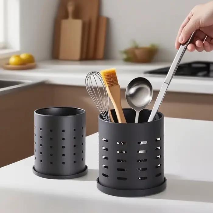 Porte-couverts en acier inoxydable noir, récipient de rangement de cuisine de grande taille pour couteaux, fourchettes et baguettes, facile à nettoyer