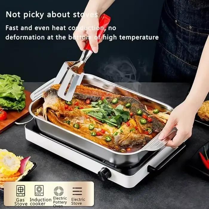Poêle de cuisson profonde en acier inoxydable multifonctionnelle avec couvercle pour poisson grillé et fruits de mer pour barbecues et repas familiaux