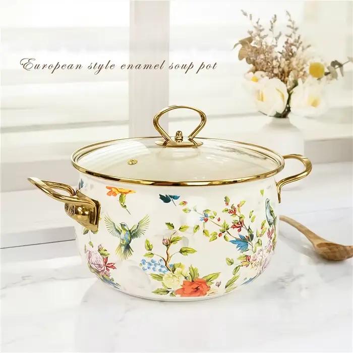 Pot à soupe en émail, ustensiles de cuisine délicats, fleur rétro, Double poignée, marmite à ragoût de grande capacité avec couvercle, ustensiles de cuisine en émail pour la maison