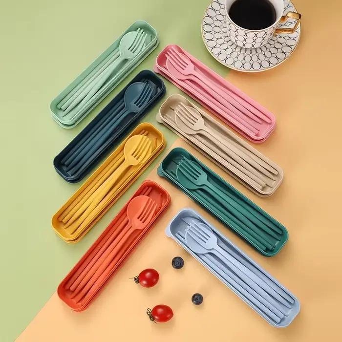 Ustensiles portables 4 pièces, couverts en paille de blé écologiques et sains, ensemble de baguettes, fourchettes, couteaux, cuillères réutilisables