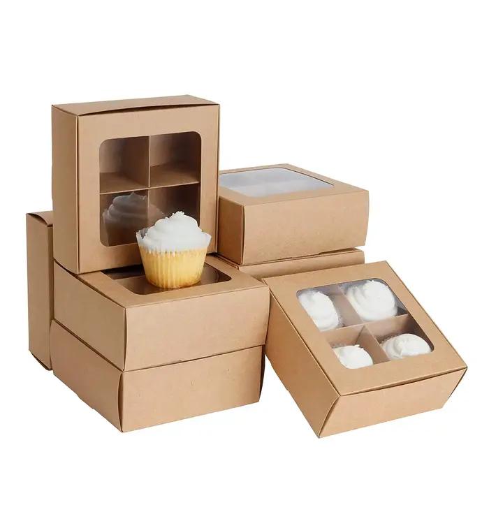 Boîte à brownies à quatre compartiments |   Boîtes de boulangerie marron avec fenêtre et séparateurs pour petits biscuits, charcuterie, produits de cuisson et friandises