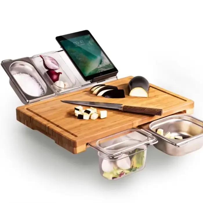 Ensemble de planches à découper en bambou extensibles, avec plateaux et boîte pour la cuisine, planche à découper pour jus, outils pour stocker des aliments hachés, 2025