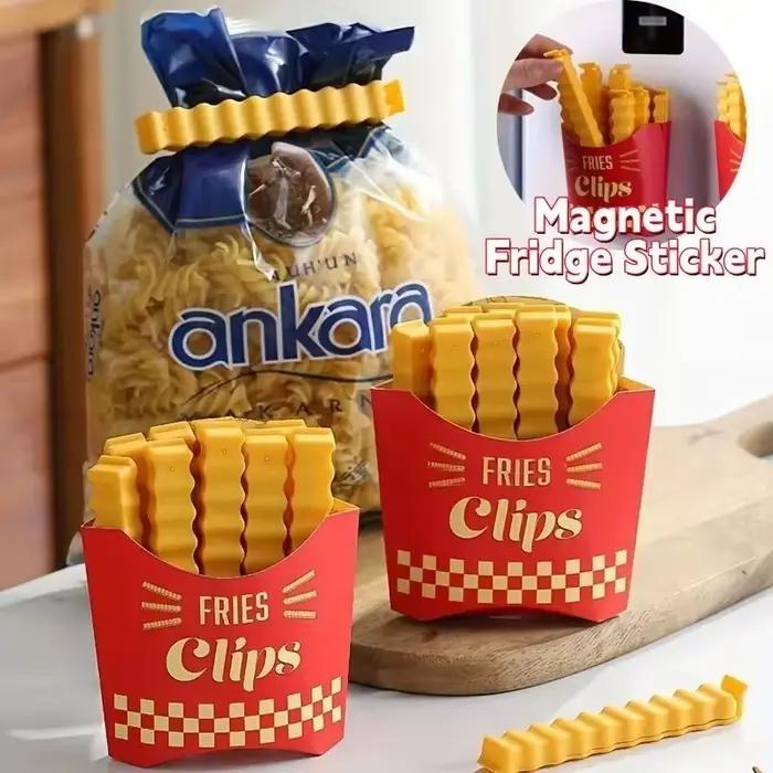Clip de scellage résistant à l'humidité pour aliments, avec autocollant magnétique pour réfrigérateur, pince à collation à longue bande pour frites, cadeau créatif, 12 pièces/ensemble