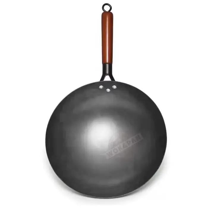 Wok en fer 32/34/36cm, Wok traditionnel sans revêtement forgé à la main avec manche en bois détachable