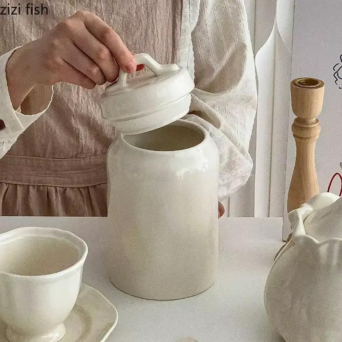 Récipient de rangement en céramique blanc laiteux pour cuisine, pot à céréales, bouteille de rangement, pot à bonbons, boîte de rangement, pot à fruits secs