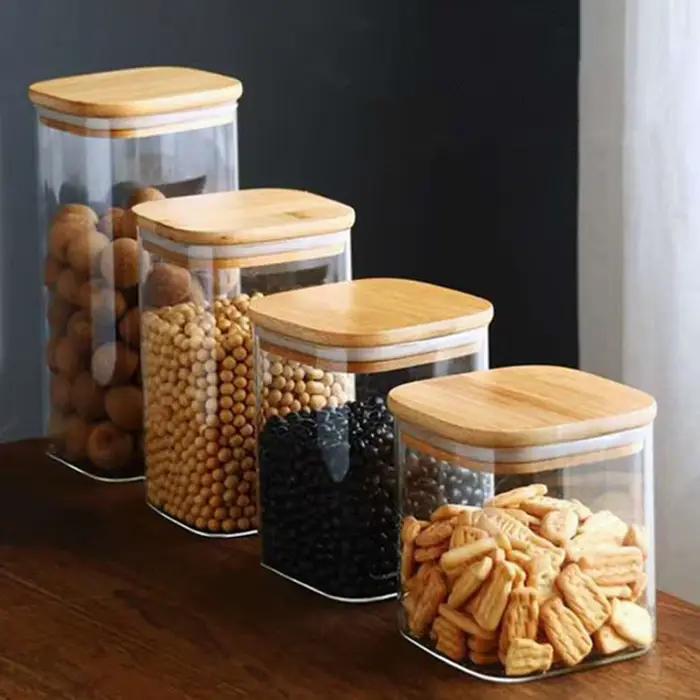 Récipients de stockage de nourriture en verre avec couvercle en bois