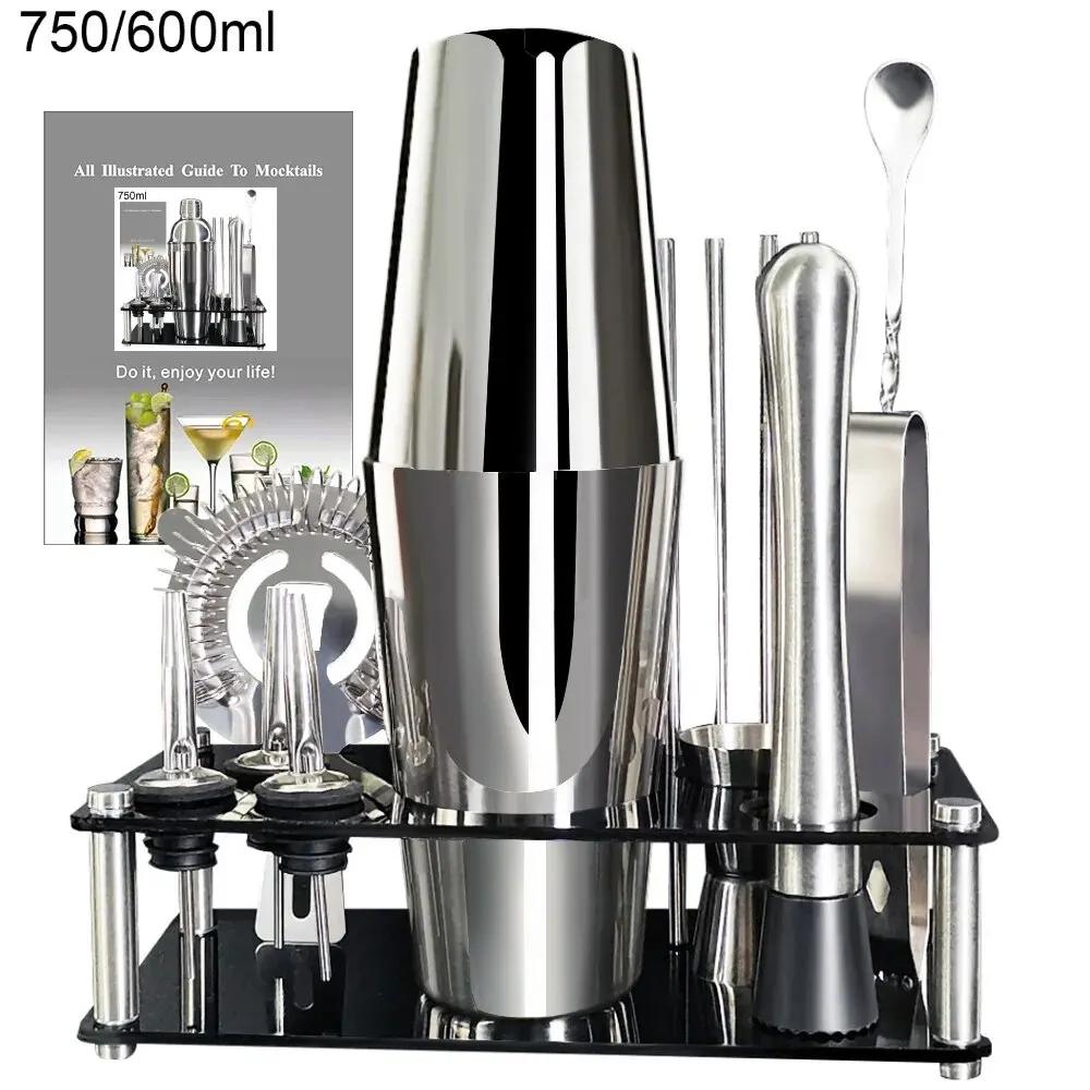 Ensemble de Shaker à Cocktail en Acier Inoxydable, Outils de Bar avec Support Noir, Shaker de 750ml,