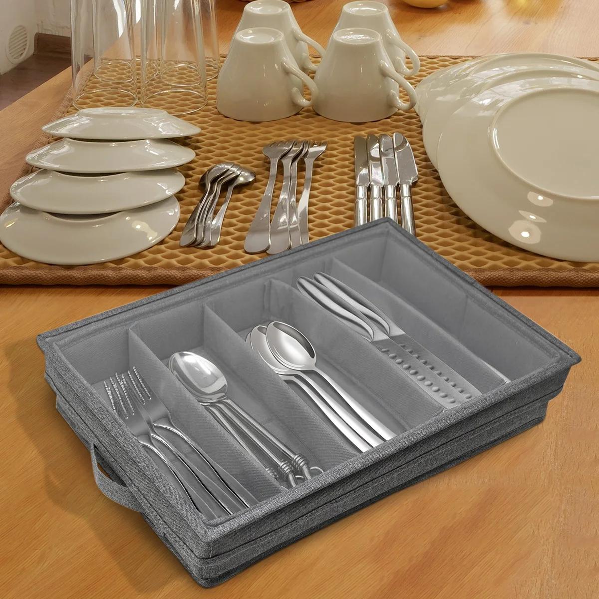 Mallette de rangement de couverts avec couvercle en PVC, boîte de rangement d'ustensiles pliable à 5