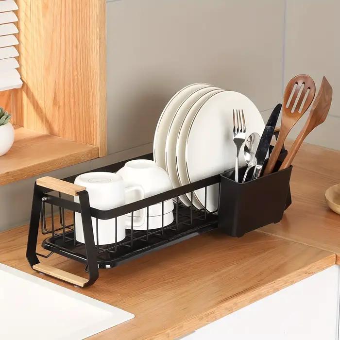 Égouttoir à vaisselle pour comptoir de cuisine, avec plateau de drainage et porte-ustensiles amovibl