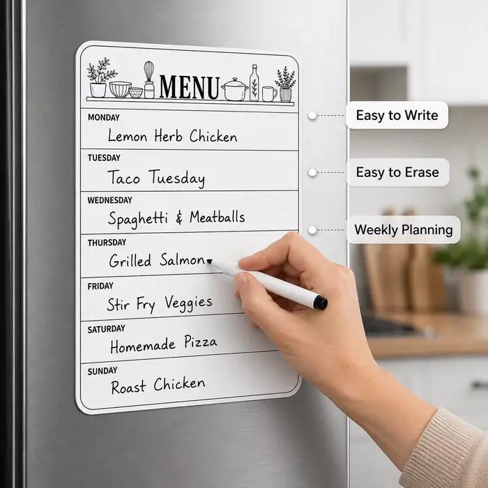 Autocollant de planification de menu pour réfrigérateur, tableau blanc effaçable à sec, avec 1 marqu