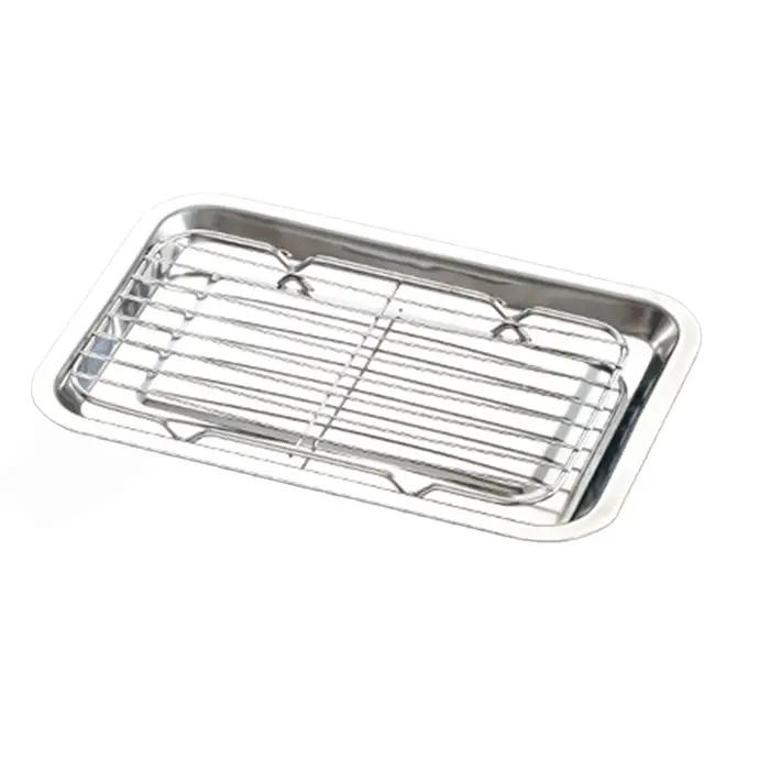 Plateau rectangulaire en acier inoxydable avec grille de drainage d'huile, idéal pour la friture com