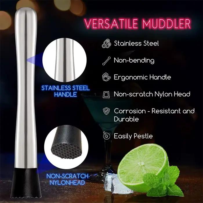 LMETJMA 10 pouces acier inoxydable Cocktail Muddler et cuillère à mélanger professionnel Bar Cocktai