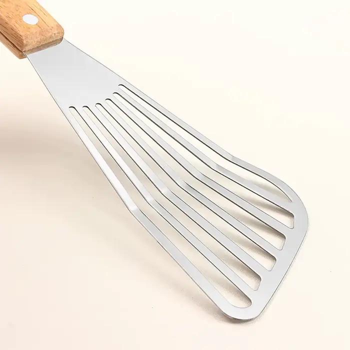 Pelle à frire pour poisson en acier inoxydable, avec manche en bois, en forme d'éventail, pour la ma