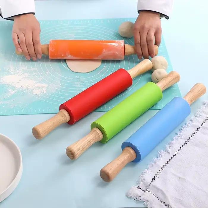 Rouleau à pâtisserie en Silicone antiadhésif, manche en bois, pâte à pâtisserie, rouleau à farine, o