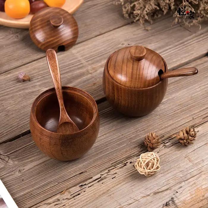 Pot d'assaisonnement en bois, récipient à épices, bidon de saveurs, pot de sel
