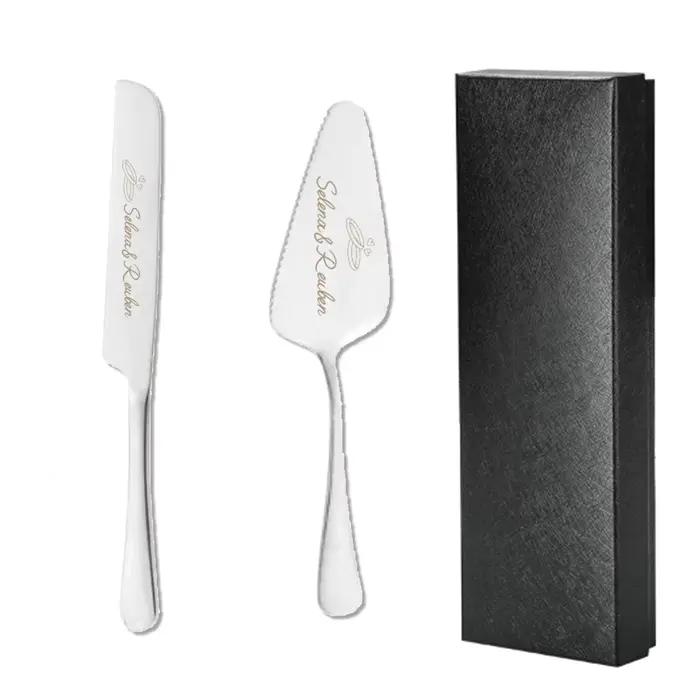 Couteau et spatule à gâteau de mariage gravés personnalisés en acier inoxydable, noms de couple pers