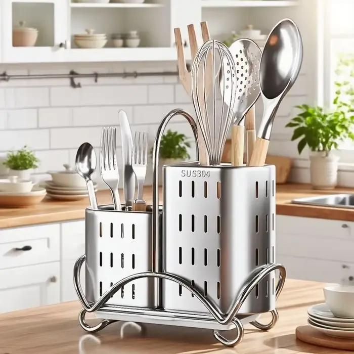 Organisateur de couverts de cuisine, porte-ustensiles en acier inoxydable pour cuillère, fourchette,