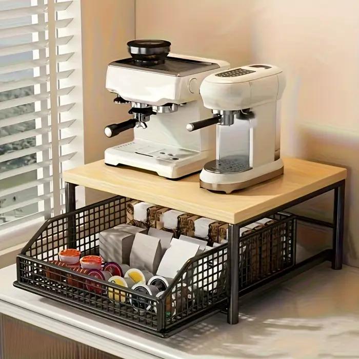 Étagère de rangement de cuisine à 2 niveaux - avec tiroirs + paniers en maille, en bois massif robus