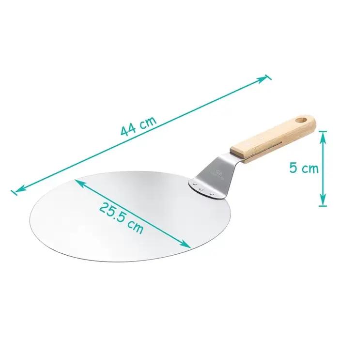Pelle à pizza antiarina ronde en acier inoxydable avec manche en bois de chêne, outils dramatiques,